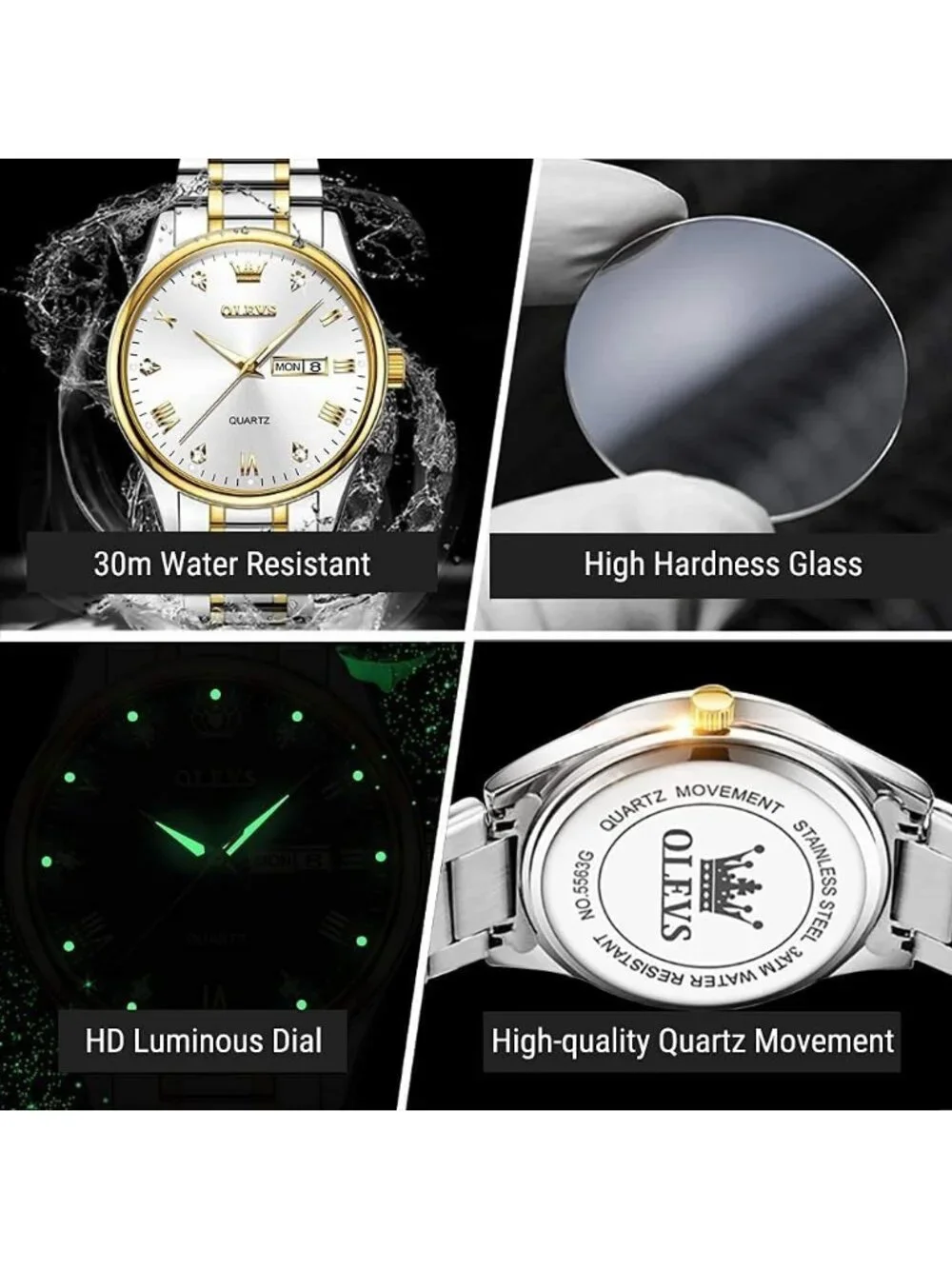 Olevs Men's Silver Gold Luxury Stainless Steel Big Analog Quartz Luminous Watch